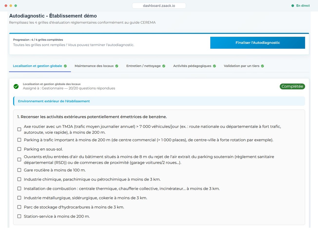 Autodiagnostic Zaack Audit : 4 grilles d'évaluation réglementaires du guide CEREMA