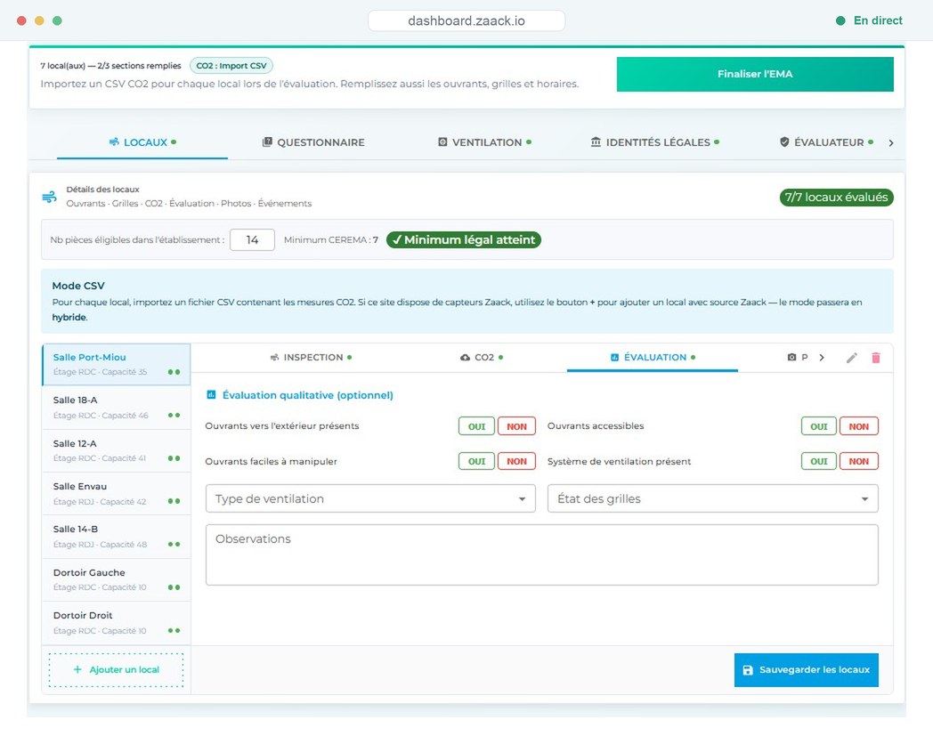 Module EMA de l'application Zaack Audit : locaux évalués, minimum CEREMA, import CSV des mesures CO₂